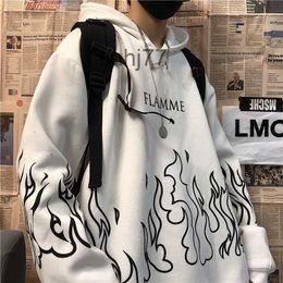 Sudaderas con capucha para hombres Sudaderas Kpop Retro Flame Print Versión coreana Ins Harajuku Bf Style Street Hip-hop Loose Plus Velvet para hombres y mujeresvrfudeju Acmd VPLD