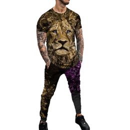 Sudaderas con capucha para hombre Sudaderas Lion Summer Men Conjuntos de 2 piezas Camisetas de gran tamaño Joogers Outfits Moda Hombre Pantalones Chándal Impreso en 3D Tendencia Ropa masculina 221122