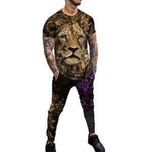 Heren Hoodies Sweatshirts Lion Summer Men's 2 -delige sets oversized T Shirts Joogers Outfits Fashion Men Trousers Tracksuit 3D Gedrukte trend Mannelijke kleding 221122
