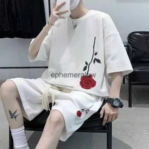 Heren Hoodies Sweatshirts M-5XL Koreaanse Mode Streetwear Hip Hop Rose Casual Kort Pak T-shirt 2 Delige Set Zomer Trainingspak Mannen harajuku Oversize Teeephemeralew
