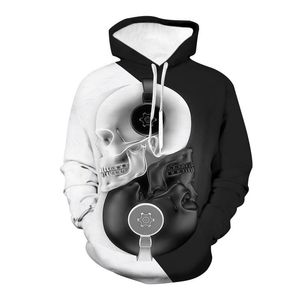 Sweats à capuche pour hommes Sweatshirts Impression 3D pour hommes Sweat à capuche Style punk créatif Noir et blanc Tai Skull Hiver Mode Hommes Clothin