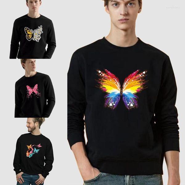 Sudaderas con capucha para hombre, jersey de moda para hombre, sudadera negra de manga larga, estampado de mariposa de Color, cuello redondo, informal, otoño cálido, Comm