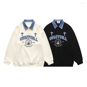 Herenhoodies Sweatshirts Herenhoodies Mode Paarkleding Preppystijl Letters Bedrukt Denim Sweatshirts met kraag Jack Jeugd Casual Los Pullover Tops