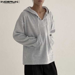 Herensweaters Sweatshirts Herensokken INCERUN Herensweater met capuchon Effen kleur hoodie V-hals losse zak met lange mouwen Sweatshirt straatkleding Z230720