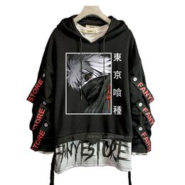 Heren Hoodies Sweatshirts Heren Sweatshirts Anime Streetwear Sweatshirt Linten Letter Print Pullover Zwart Tokyo Ghoul Hoodies Y2k Patchwork Truien 230807