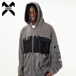 Sweats à capuche pour hommes Sweatshirts hommes Vintage Patchwork Zip Up manteau à capuche Y2K lettre broderie fermeture éclair sweat à capuche Streetwear Harajuku veste à capuche 230831