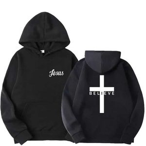 Heren Hoodies Sweatshirts Mens Faith Cross Jezus bedrukte hoodie heren ontwerp geborsteld hoodie top Harajuku lente en herfst hoodie sportkleding y240510
