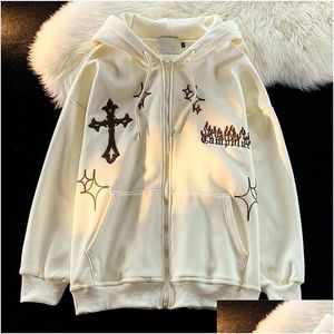 Sweats à capuche pour hommes Sweatshirts Hommes Zip Up Sweat à capuche Y2K Goth Broderie Femmes Harajuku Rétro Hip Hop Veste High Street Sweatshirt Homme St Dhevg