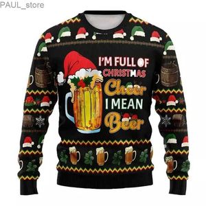 Sweats à capuche pour hommes Sweats à capuche Joyeux Noël pour hommes Sweat-shirt sans chapeau Cheer Beer T-shirts graphiques T-shirt en peluche imprimé en 3D Vêtements pour hommes surdimensionnés TopL231122