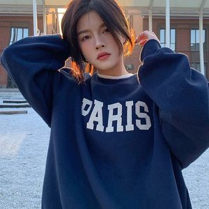 Heren Hoodies Sweatshirts Marineblauw Vintage PARIJS Briefprint Sweatshirt met ronde hals Dames Winter Oversized Fleece Hoodie Street chic Koreaanse mode Truien 231124