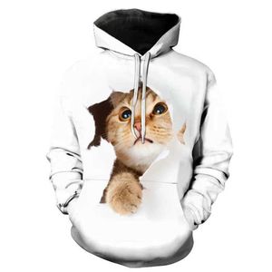 Heren Hoodies Sweatshirts Nieuwe schattige 3D Cat Hoodie Mens Sweatshirt Harajuku Hoodie Herfstjongens en meisjes Animal White Street kleding Zipper Q240506