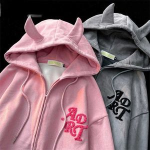 Sudaderas con capucha para hombre Nueva borla bordada japonesa Cuernos de diablo lindos Suéter con capucha Otoño e invierno para mujer más sudadera con capucha Chaqueta con cremallera gruesa de terciopelo 011623H