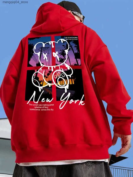 Sweats à capuche pour hommes Sweatshirts New York Art Word Cartoon Bear Sunset Paysage Design Vêtements masculins Hip Hop Street All-Match Pocket Pulls Mens Hoody Q240322