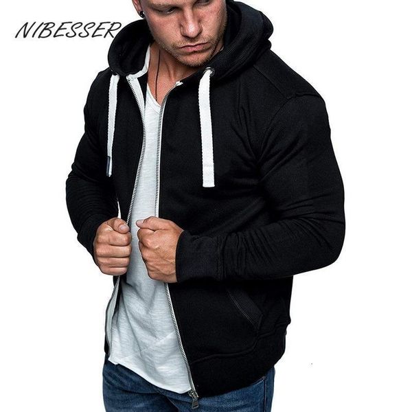 Sweats à capuche pour hommes Sweatshirts NIBESSER 2021 Sweat à capuche zippé Hommes Mode Sweat Couleur Unie Homme À Capuche Confortable