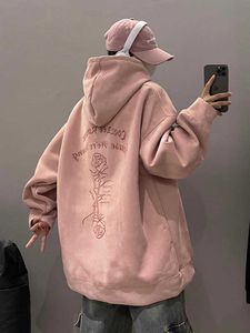 Hoodies voor heren Sweatshirts Roze suède roze pluche hoodie heren lente en herfst trendy merk zwaargewicht schurk knappe casual oversized losse jas met capuchon