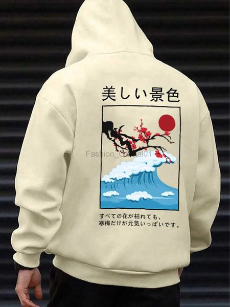 Sweats à capuche pour hommes Blossoms Plum Waves Sunset HARAJUKU IMPRESSIONS MENSE HOODIE STYLE Japonais Vêtements en toison confortable Hip Hop Hop Hop Top D240429