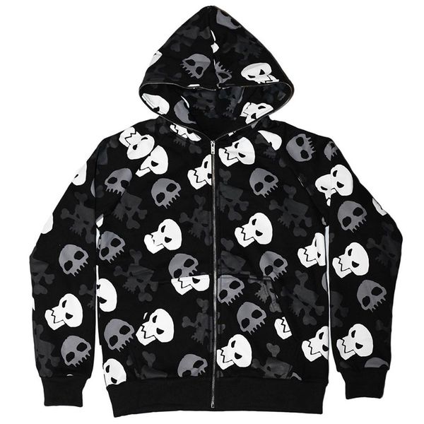 Sudaderas con capucha para hombre, jersey de gran tamaño con cremallera, polar, pesado, con cremallera de cara completa, estampado de calavera de halloween