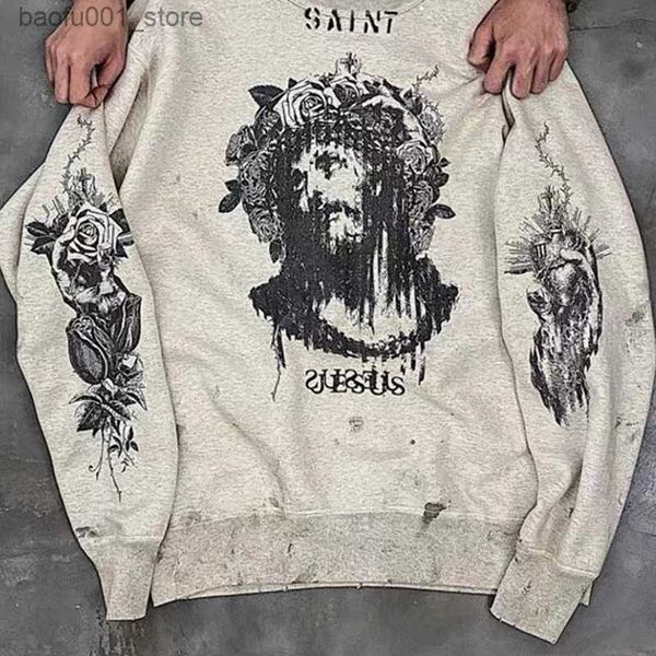 Sweats à capuche pour hommes Sweatshirts Real Photo Portrait Graffiti Imprimer Saint Michael Sweat à capuche Wash Do Old Destroy Loose Crewneck Pull Casual Men Sweat à capuche Q240217