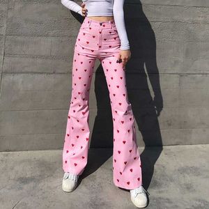 Sudaderas con capucha para hombre Estampado de corazón rojo Jeans acampanados rosados Pantalones Y2K Kawaii Dulce Cintura alta Mujeres delgadas Casaul Streetwear Pantalones de mezclilla Hipper Bottoms