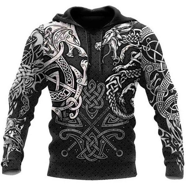 Sweats à capuche pour hommes Sweatshirts Affiner l'impression de symboles Viking 3D Sweats à capuche pour hommes Style européen et américain Vêtements à capuche Automne Boutique Pattern Sweatshirts
