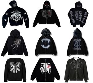 Sudaderas con capucha para hombre Sudaderas Rhines Spider Web Skeleton Print Black Y2k Goth Chaqueta extragrande con cremallera completa de manga larga Aman Fashion -selling 2210128369223