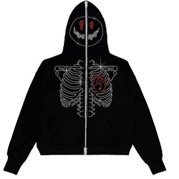 Sudaderas con capucha para hombre, ropa Y2k con estampado de calavera y diablo con diamantes de imitación, chaquetas con cremallera completa, Sudadera con capucha de manga larga, Sudaderas de otoño, ropa de calle para hombre