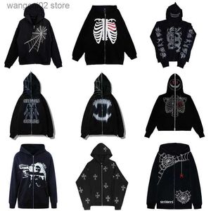 Sweats à capuche pour hommes Sweatshirts Strass Spider Web Squelette Embellissement Sweats à capuche pour hommes / femmes Top Y2k Vestes Grunge American Fashion Zip Up Sweat à capuche T231019