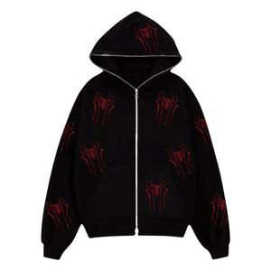 Heren Hoodies Sweatshirts Strass Rode Spider Print Y2k Vrouwen Zip Up Lange mouw Oversized Zwarte Hoodie Gothic Punk Mode Casual Sweatshirts 230613