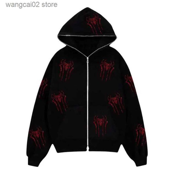 Sudaderas con capucha para hombre Sudaderas Rhinestones Red Spider Y2k Ropa de invierno Mujeres Zip Up Manga larga Sudadera con capucha negra 2023 Gótico Punk Moda Casual Pull Sudaderas T231019