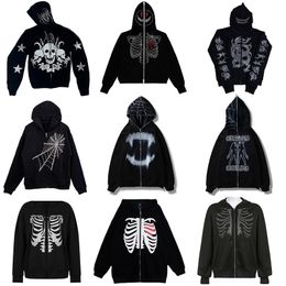 Sweats à capuche pour hommes Sweatshirts Strass Spider Web Skeleton Print Noir Y2k Goth Longsleeve Full Zip Veste surdimensionnée Mode américaine vente 230202