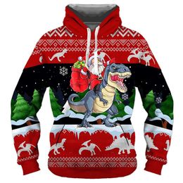 Sweats à capuche pour hommes Sweatshirts Père Noël équitation dinosaure 3D à capuche Noël drôle imprimé sweat-shirt dessin animé pull décontracté chemises 230206