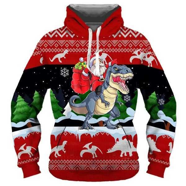 Sudaderas con capucha para hombre Sudaderas Papá Noel montando dinosaurio Sudadera con capucha 3d Navidad Sudadera estampada divertida Dibujos animados Jersey casual ShirtsL231020