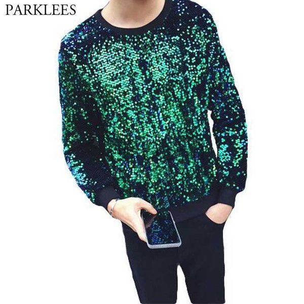 Sudaderas con capucha para hombre Sudaderas con lentejuelas verdes brillantes Sudadera brillante Club nocturno juvenil DJ Satge Party Stage Sudaderas con purpurina Hip Hop Casual Sweat Homme 24318