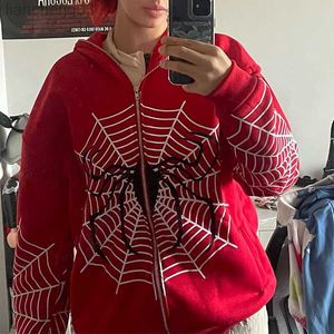 Sudaderas con capucha para hombre Sudaderas con capucha con estampado rojo de telaraña Ropa para hombre Cálida Harajuku Vintage Grunge Y2k Sudadera con capucha con cremallera para hombres y mujeres Sudadera Tops W0313