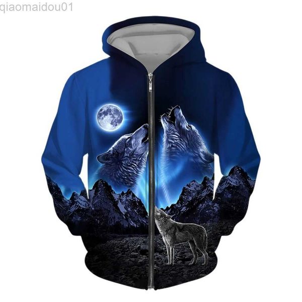 Sudaderas con capucha para hombre Sudaderas Primavera y otoño Impreso en 3D Wolf Zip Hoodie Hombre / Mujer Moda Ocio Sudaderas Street Hip Hop Harajuku Chaquetas Abrigo suelto L230721