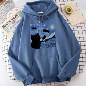 Hoodies voor heren Sweatshirts Starry Cat Night bedrukte hoodie voor heren herfst oversized hoodie modieuze wollen sweatshirt casual S-Xxl top met ritssluitingL2403