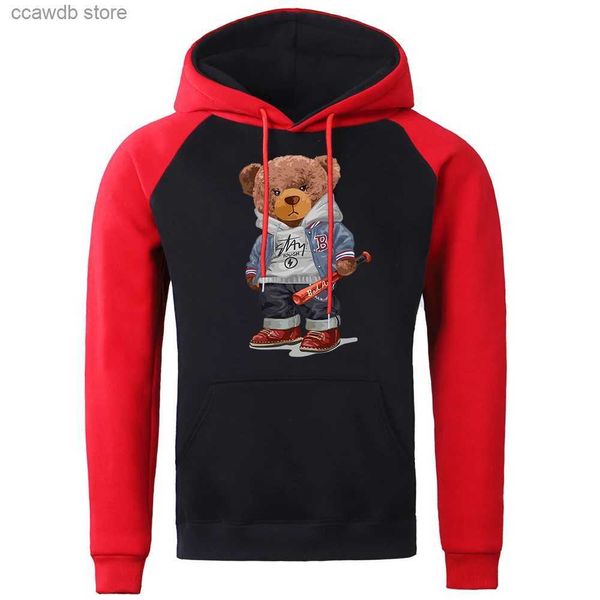 Sweats à capuche pour hommes Sweatshirts Street Baseball Teddy Bear Boy Hommes Sweats à capuche Street Crewneck Sweat à capuche Automne Oversize Sweat à capuche Hip Hop Vêtements confortables Femme T240110