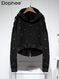 Sudaderas con capucha para hombre Sudaderas Streetwear Raw Hem Ripped Sudadera con capucha Abrigo corto para mujer Otoño Negro Dos lados Use Loose Zip Hoodie Top 230707