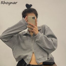 Heren Hoodies Sweatshirts Sweatshirts Women Zipper Turn Down Collar Solid bijgesneden los streetwear Harajuku Casual All-match Stijlvolle vrouwelijke Vintage Cozy 230821