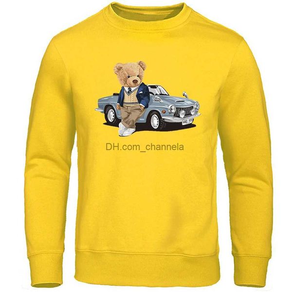 Sweats à capuche pour hommes Sweatshirts Teddy Bear à côté de la voiture hommes pull hiver automne sweats à capuche polaire chaud décontracté Streetwear nouveauté hommes sweat à capuche T240217