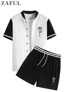 Sweats à capuche pour hommes Sweats à capuche Costumes de survêtement pour hommes Chemise de baseball à manches courtes brodée rose avec ensemble de shorts Streetwear Deux pièces Z5090448 230721