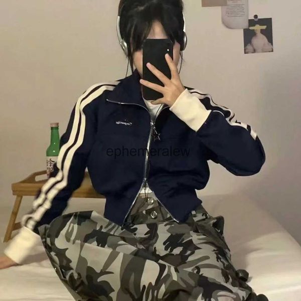 Sweats à capuche pour hommes Survêtements Mode Streetwear Zip Up Crop Harajuku Rayé Y2K Vintage Cropped Zipper Jackets Kpop Sweatshirt Clothesephemeralew