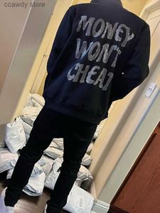 Heren Hoodies Sweatshirts Tter Rhinestones Men Harajuku Loose Long Seve Zip Up Ma Y2K Punk Hooded Jackets Strtwear Kleding H240507