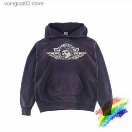 Heren Hoodies Sweatshirts Gewassen Paars Saint Michael ANGEL Hoodie Mannen Vrouwen 1 1 Beste Kwaliteit Vernietigen Hoodie Trui T231019