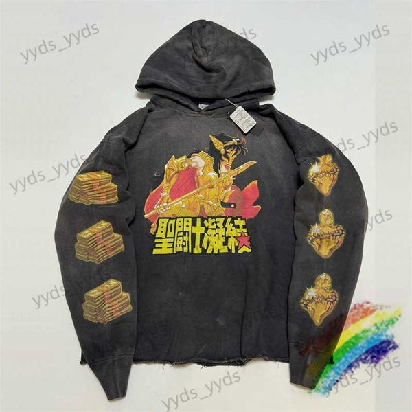 Heren Hoodies Sweatshirts Gewassen Saint Michael Hoodie Mannen Vrouwen 1 1 Hoge Kwaliteit Capuchon Vintage Cartoon Print Truien T240113