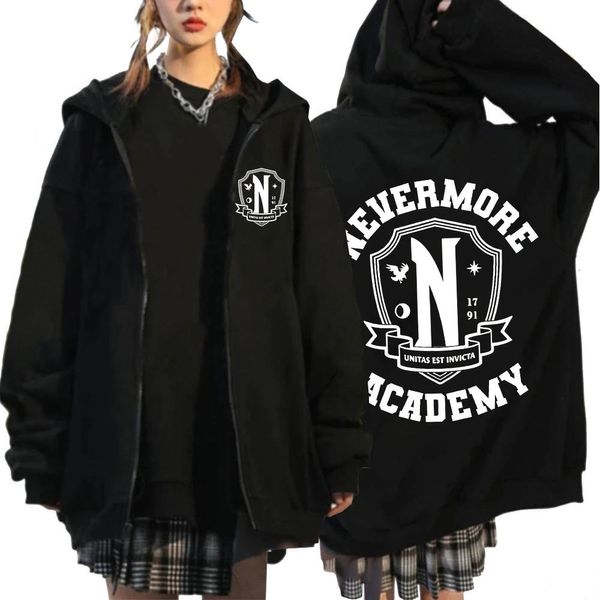 Sweats à capuche pour hommes Sweats mercredi Addams Nevermore Academy Sweat à capuche zippé Cardigan graphique Sweats Harajuku Manteaux zippés surdimensionnés Sweats à capuche