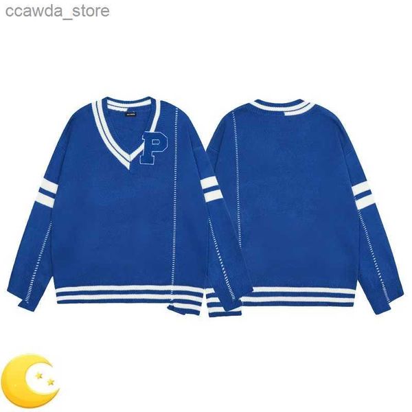 Sudaderas con capucha para hombre Sudaderas Blanco Azul Raya RAF SIMONS Con cuello en V Bordado Toalla Insignia P Dañado Suéter de punto irregular Sudaderas Jerseys Hombres Mujeres Q231226