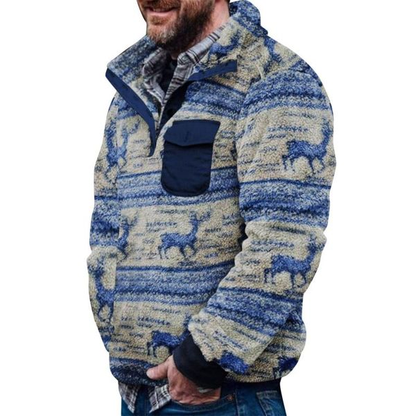 Sudaderas con capucha para hombre, suéter de lana de invierno, chaquetas, cuello de botón, suéter cálido, abrigo estampado