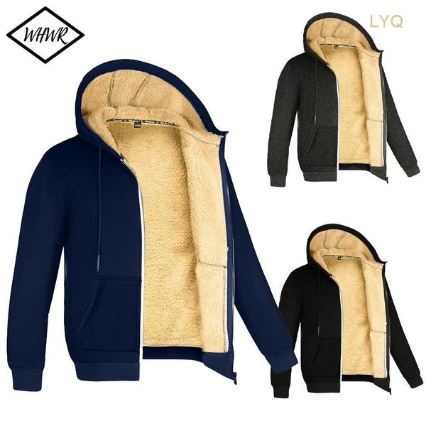 Sweats à capuche pour hommes Sweats à capuche d'hiver en laine d'agneau avec fermeture éclair Vestes en polaire de haute qualité Veste chaude épaisse de grande taille Manteau à capuche de couleur unie pour hommes