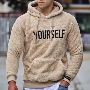 Sweats à capuche pour hommes Sweatshirts hiver hommes à capuche Sherpa polaire lettre imprimée floue à manches longues automne vêtements d'extérieur à capuche avec poches kangourou